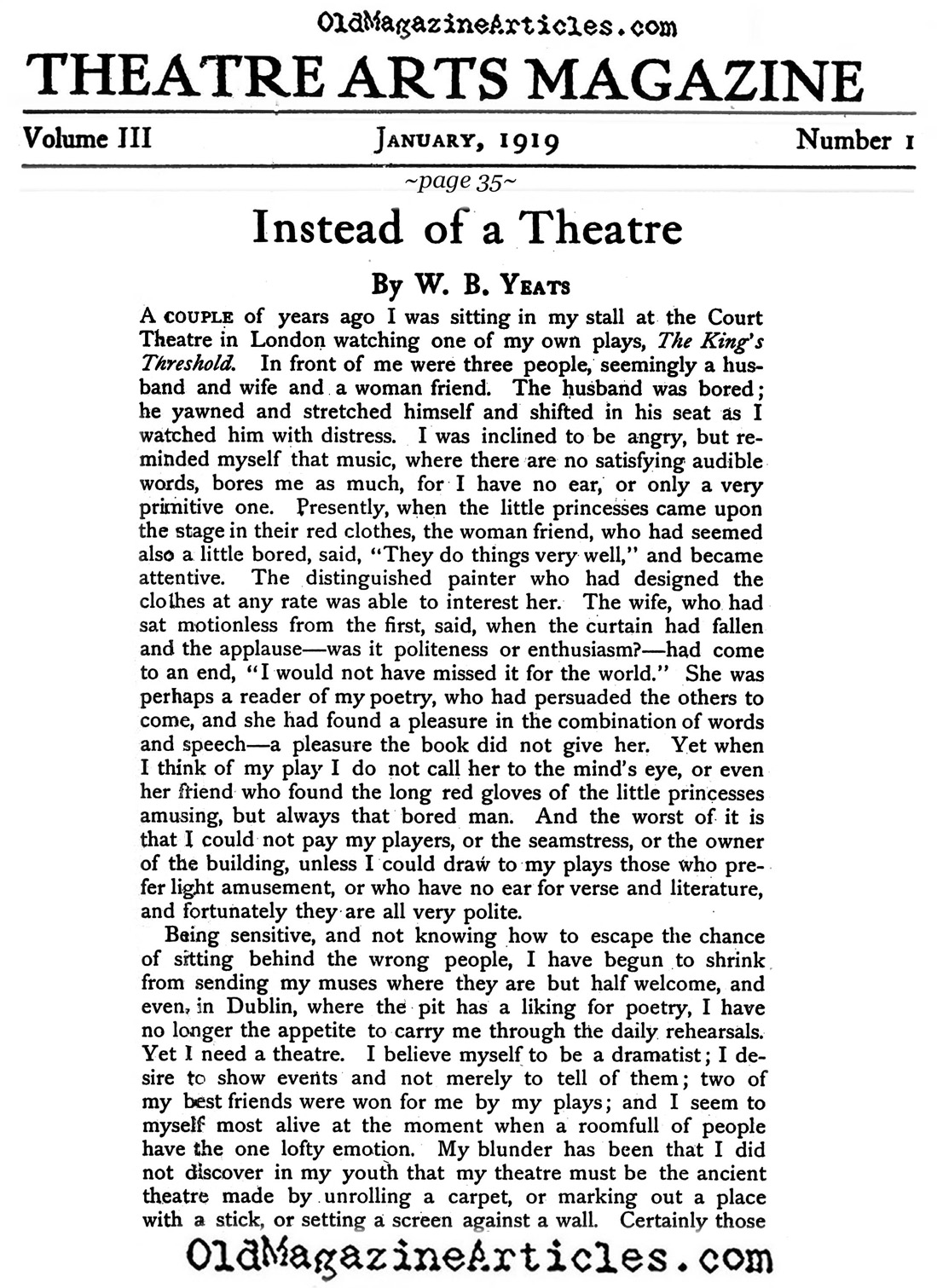 W.B. Yeats  Gripes About the Theater-Going Bourgeoisie <BR>(Theatre Arts Magazine, 1919)
